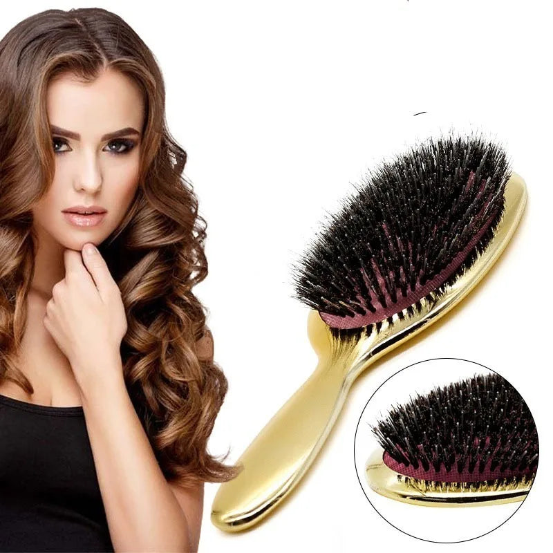 Luxury Gold And Silver Color Boar Bristle Paddle Hair Brush Oval Hair Brush Anti Static Hair Comb Hairdressing Massage Comb - Zineb Gabriel